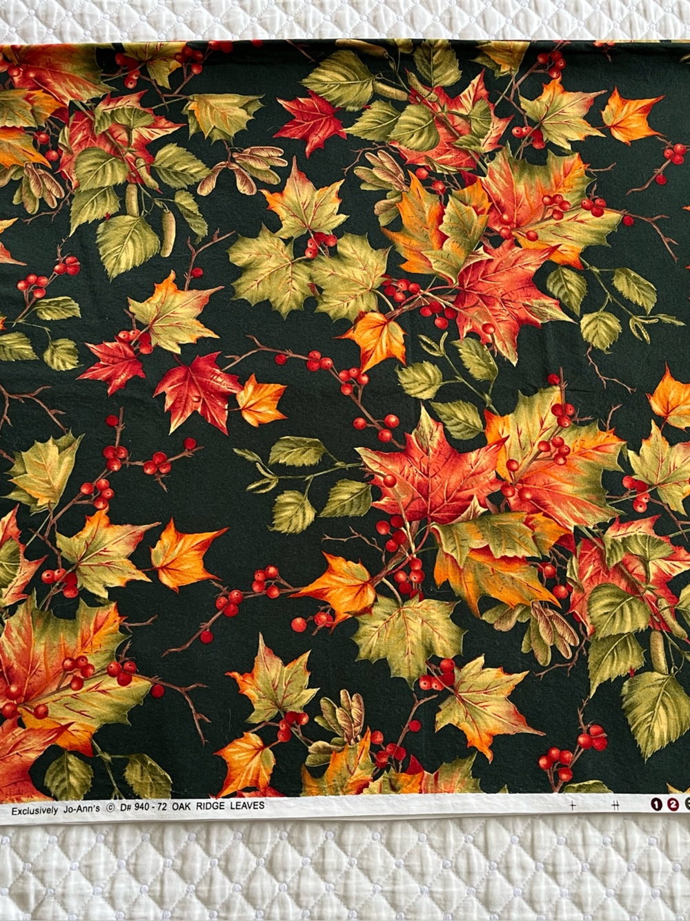 Fall Harvest Fabric (3 yards) in Dark Green with Orange and Red Leaves
